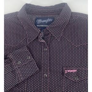 Wrangler Western Shirt Womens XL Black Pink Polka Dot Pearl Snap Breast Cancer